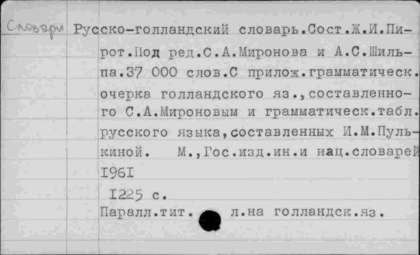 ﻿Русско-голландский словарь.Сост,Ж.И.Пи-рот.Под ред.С.А.Миронова и А.С.Шиль-па.37 ООО слов.С прилож.грамматическ. очерка голландского язсоставленного С.А.Мироновым и грамматическ.табл. русского языка,составленных И.М.Пуль-киной.	М.,Гос .изд.ин.и нац.словарей
1961 1225 с.
Паралл.тит.	л.на голландок.яз.